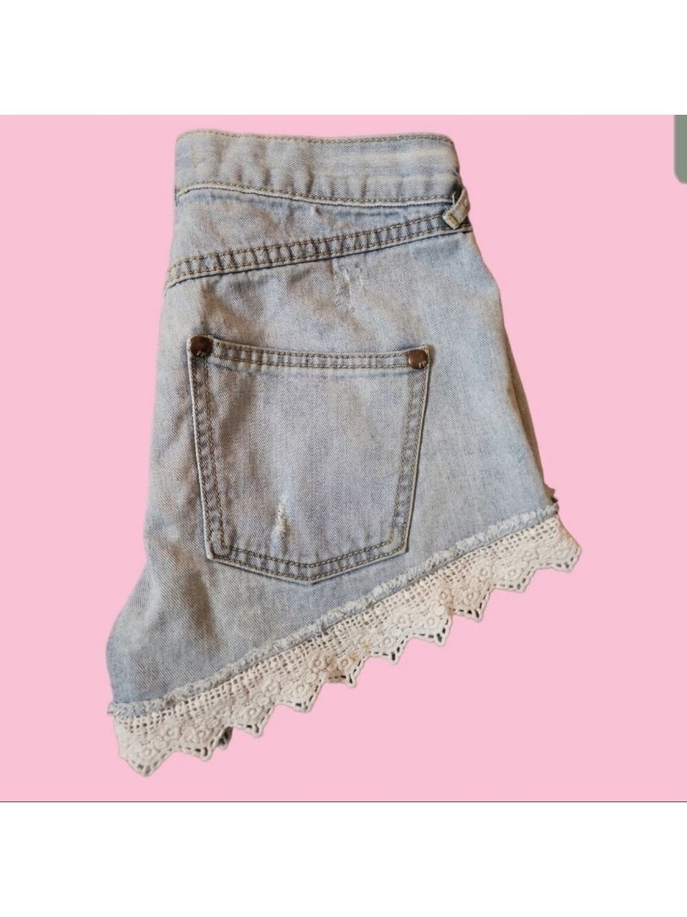 Free People High Rise Crochet Lace Hem Light Wash Shorts size 25 | Boho Beach - Picture 3 of 6